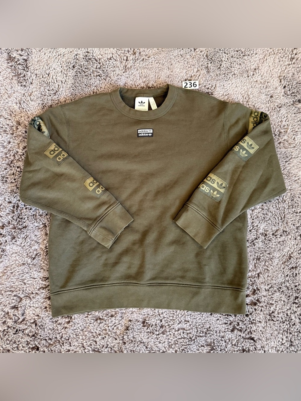 adidas Olive Crewneck Sweatshirt with Sleeve Trefoil Panels - Picture 1 of 9